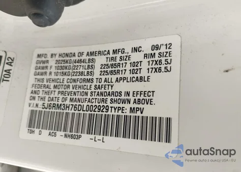2013 Honda Cr-V Ex-L from USA, damaged, VIN 5J6RM3H76DL002929